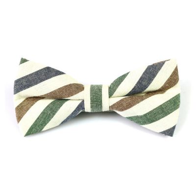 White, Dark Slate Grey and Dark Forest Green Cotton Striped Butterfly Bow Tie
