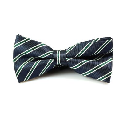 Midnight Blue, White and Dark Forest Green Polyester Striped Butterfly Bow Tie