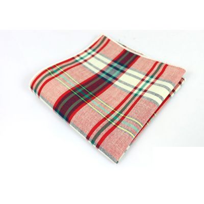 Firebrick, Tangerine, Army Brown, Rosy Brown, Platinum and Tea Green Cotton Plaid Pocket Square