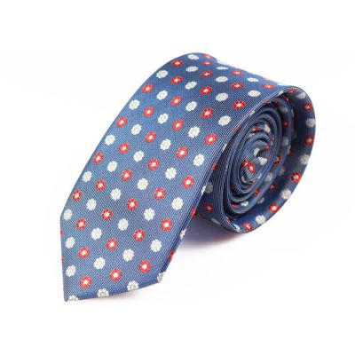 6cm Navy Blue, White and Red Polyester Floral Skinny Tie