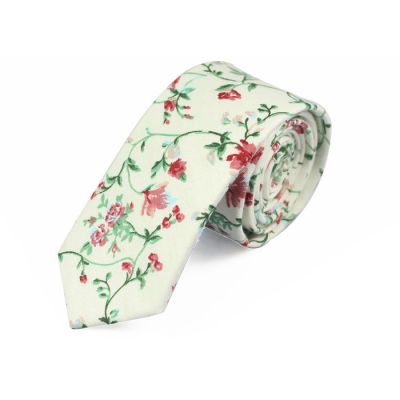 6cm White, Dark Salmon and Green Cotton Floral Skinny Tie