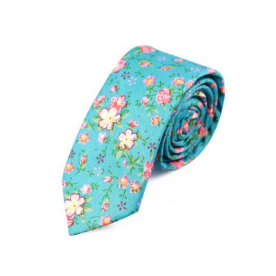 6cm Tiffany Blue, Dark Salmon and SeaShell Cotton Floral Skinny Tie