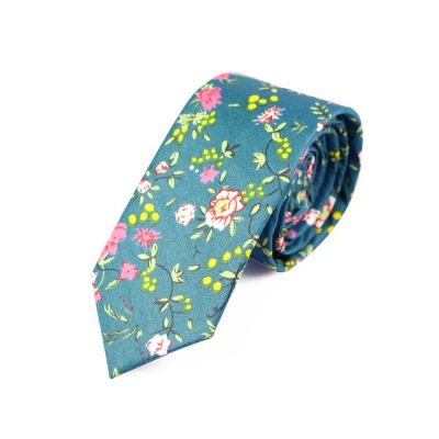 6cm Windows Blue, Pearl and Moccasin Cotton Floral Skinny Tie