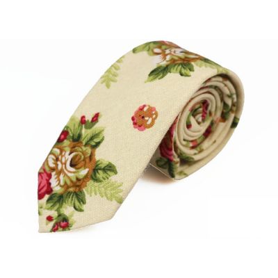 6cm SeaShell, Pink Bow, Moccasin and Caramel Cotton-Linen Blend Floral Skinny Tie