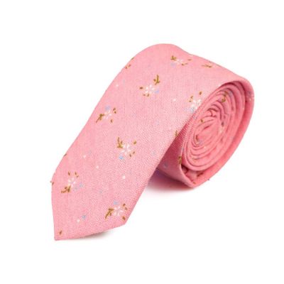 6cm Khaki Rose, SeaShell and Caramel Cotton-Linen Blend Floral Skinny Tie