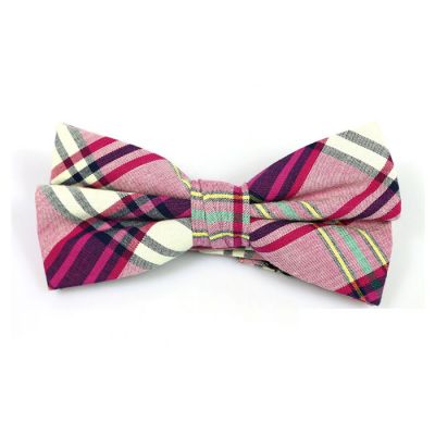 Lemon Chiffon, Black, Rose Gold, Burnt Pink and Yellow Cotton Plaid Butterfly Bow Tie