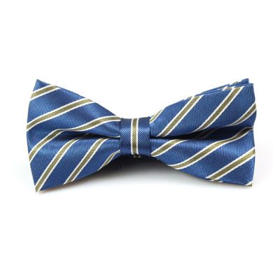 Lapis Blue, Brown and White Polyester Striped Butterfly Bow Tie