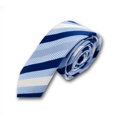5cm Sky Blue, Denim Dark Blue and White Polyester Striped Skinny Tie
