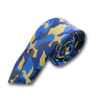 6cm Midnight Blue, Navy Blue, Blueberry Blue and Orange Gold Polyester Camouflage Skinny Tie