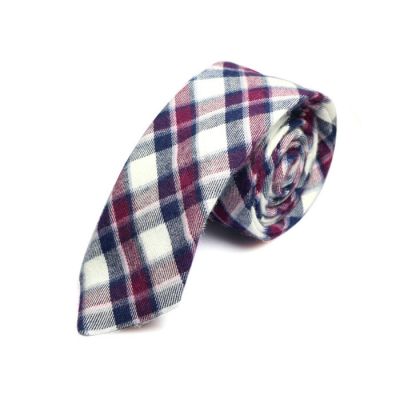 5cm Charcoal, White, Black Eel and Bean Red Cotton Plaid Skinny Tie