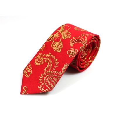 6cm Red and Orange Gold Cotton Floral Skinny Tie