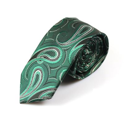 6cm Teal, Dark Forest Green, Black and White Polyester Paisley Skinny Tie