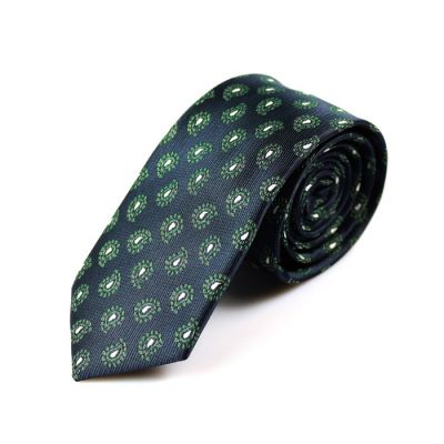 6cm Midnight Blue, Dark Forest Green and White Polyester Paisley Skinny Tie