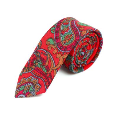 6cm Red, Forest Green, Chestnut, Blue and Deep Pink Cotton Paisley Skinny Tie