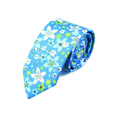 6cm Blue Zircon, White and Moccasin Cotton Floral Skinny Tie