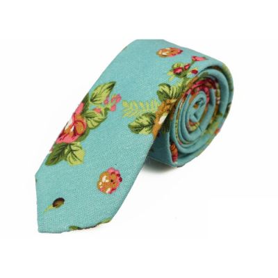 6cm Light Sea Green, Moccasin, Pale Blue Lily, Khaki Rose and Caramel Cotton-Linen Blend Floral Skinny Tie